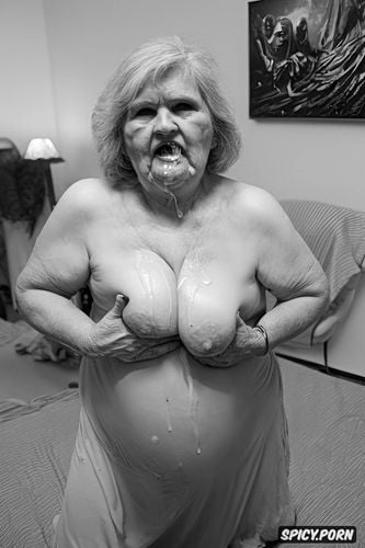 photo realistic, tremendous cum on tits, masterpiece, old fat grandmother