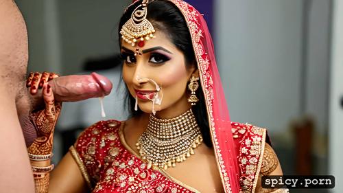 realistic human, ultra high pic quality, the beautiful indian bride high makeup in wedding hall and get slapped by a indian man dick over his face and get cum all over her face