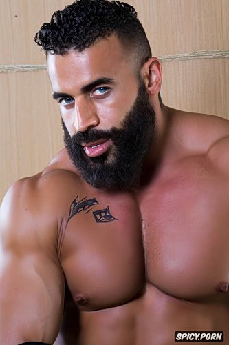 perfect face, arab man super handsome muscular strong beard tattooed arms something super muscular body perfect physique tanned spectacular naked large erect penis beautiful super large