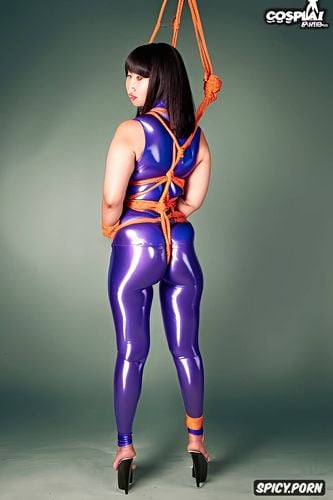 shibari with rope, shiibari suspended full body, spandex satin catsuit satin gloss