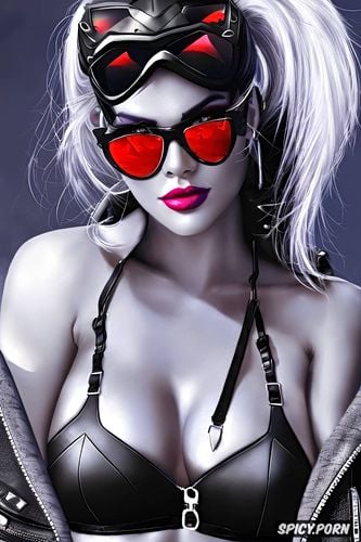 ultra detailed, ultra realistic, widowmaker overwatch black leather jacket red sports bra ripped jeans sun glasses beautiful face full lips milf full body shot