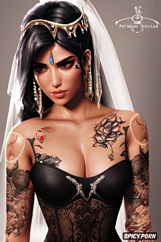tattoos masterpiece, ultra detailed, pharah overwatch beautiful face young tight low cut black lace wedding gown tiara