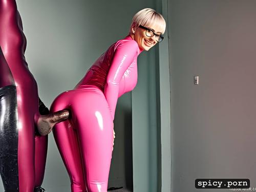anal sex, latex catsuit, white, pink hair, smile, ass fucking