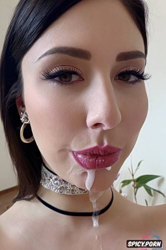 long eyelashes, real amateur selfie, cum dripping, close up on face