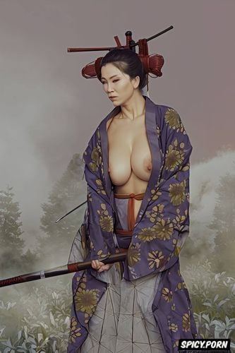 samurai sword, steam, lifting one knee, smokey, small breasts