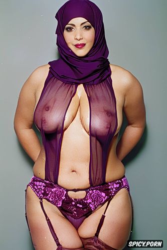 naked in simple magenta color hijab and transparent garter belt