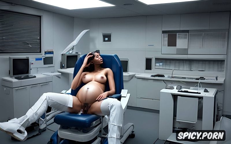 she is high pregnant, interracial, cum, gynecologist chair, missonary position and legs wide open