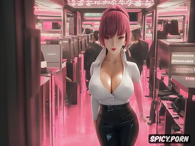 beautiful face, pink hair, office clothes, wavy hair, big breasts