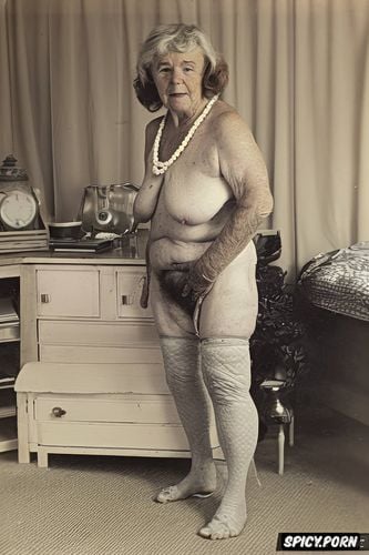 very old irish granny, petite, saggy, background bedroom, very hairy pussy