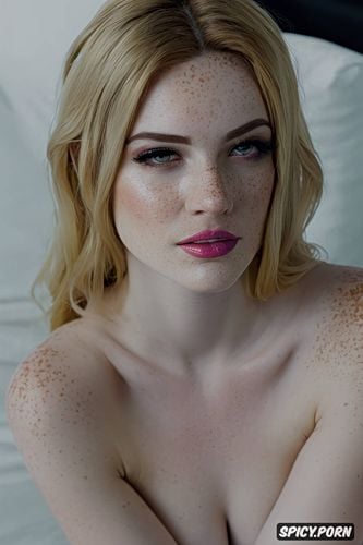 freckles, big glossy eyes, cum on her face, lush full lips, dreamy look
