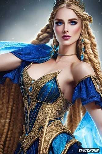 flowing royal gown, medium round perky natural breasts, long golden blonde hair in twin braids