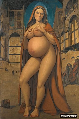 pregnant, spreading legs shows pussy, altarpiece, halo, holy