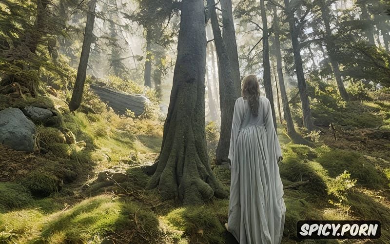 in the shire, lord of the rings cinematic shot female hobbit posing naked on a tree branch