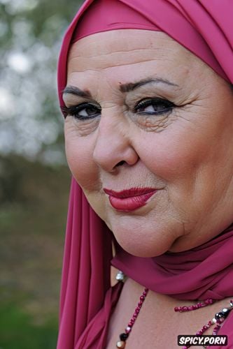 naked boobs, hard angled eyebrow, pink hijab, big nipples, snub nose