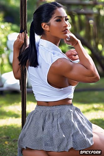 short mini grey plaid skirt, beautiful composition, flexing peaked biceps