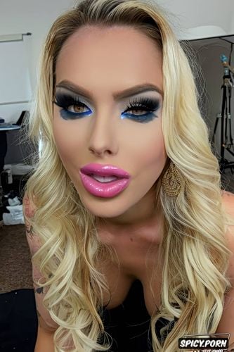 slut, glossy lips, huge lips, skinny woman, perfect body, whore makeup