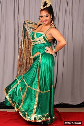 gorgeous busty voluptuous belly dancer, smiling, traditional two piece belly dance costume