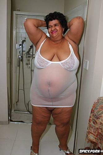 a photo of a short ssbbw hispanic pregnant granny standing up in the badroom