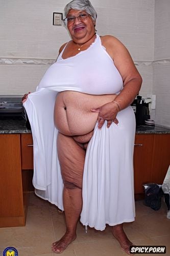 standing at hotel room, topless, wearing tight long white sheer night gown