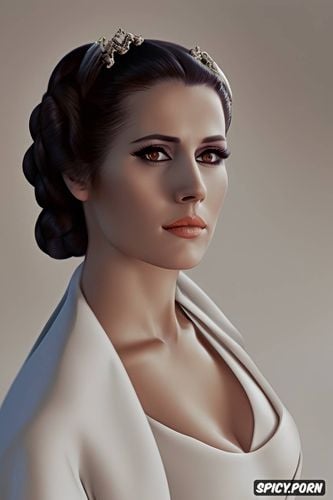 no makeup, matte, brown eyes, concept art, smirk, princess leia