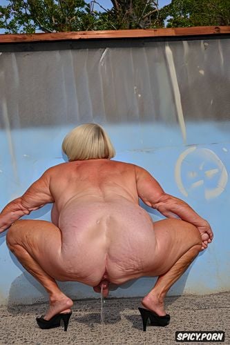 rear view, pastel colors, hyper detailed, hyperrealistic pregnant pissing muscular thighs red bobcut haircut tanned