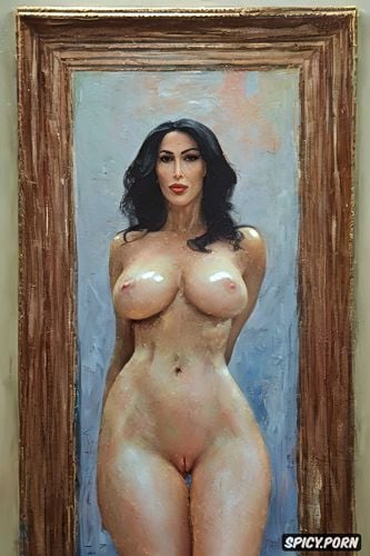 showing pussy mound, naked, hourglass shape body, oiled, from the head to mid thighs portrait