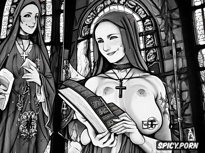 granny, holding one book, pierced nipples, stained glass windows