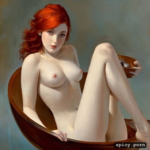 cute attractive beautiful naked red head woman lying inside a bowl of milk