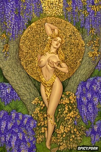 green leaves oranges and wisteria, golden, women in leafy spring forest with golden flowers fingertip nipple touching breasts golden chains and sere cloth