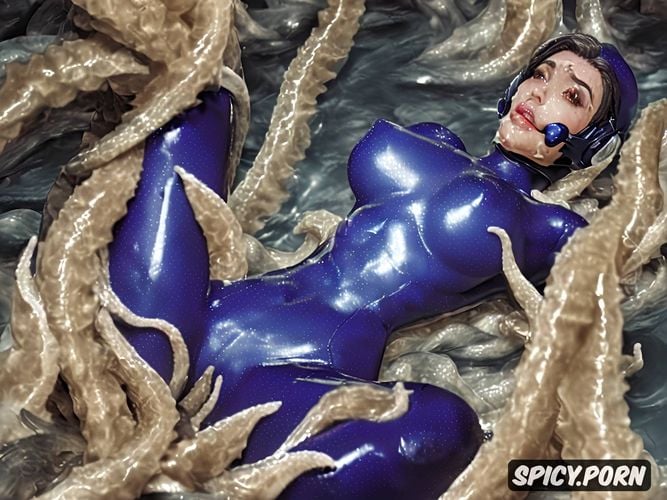 realistic anatomy, tight living suit, photo, pussy visible, tentacle suit on her body tentacles as a choker mouth gagged by tentacles tied up by tentacles