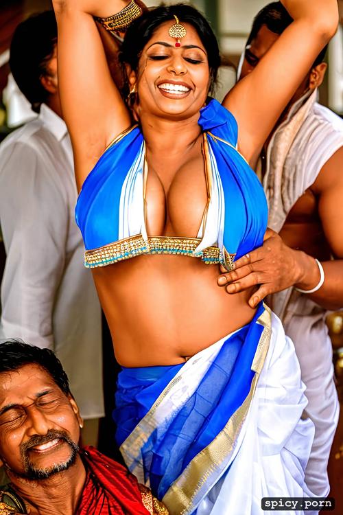 wearing saree, tied up hands above the head clean visible armpits in sleeveless ticking armpits and belly hot indian woman in sleeveless tickled by a man from behind in armpits laugh face beauty slim white skin