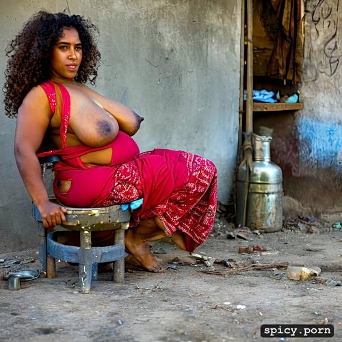 curly hair, in filthy slum, saggy boobs, massive pubic hair