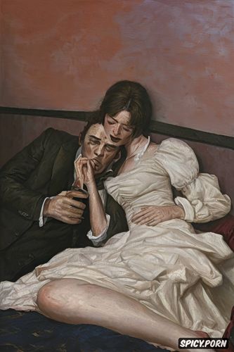 gottfried hellnwein painting, drunk husband gives blowjob to tired wife sleeping with mouth wide open