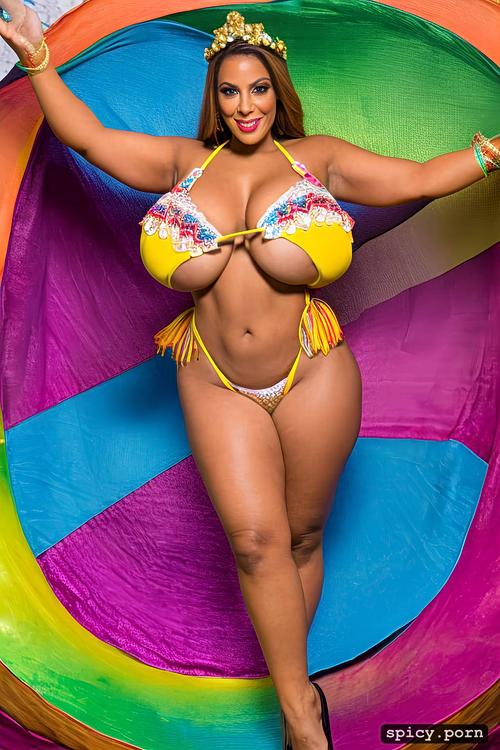 giant hanging tits, color portrait, wide hips, intricate costume with matching bikini top