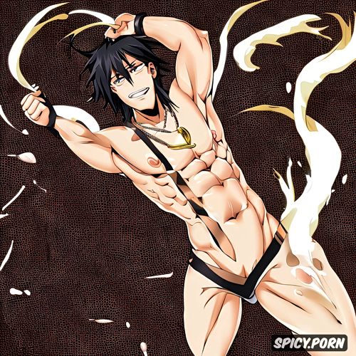 a sweaty anime style man, with strong arms, he has a big dick ejaculating sperm