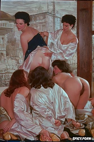 perky nipples, holding their hands cupped, a group of women kneeling
