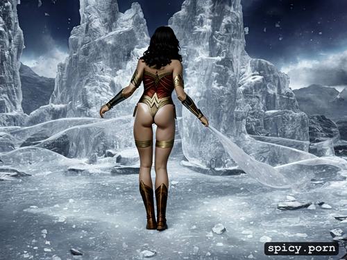 view from behind, wonder woman, naked, wet skin, round ass, realistic skin legs spread