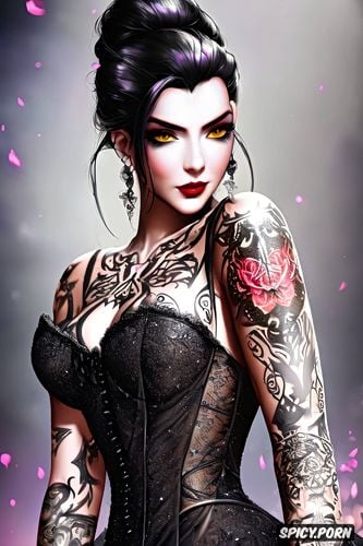 widowmaker overwatch beautiful face young tight low cut black lace wedding gown