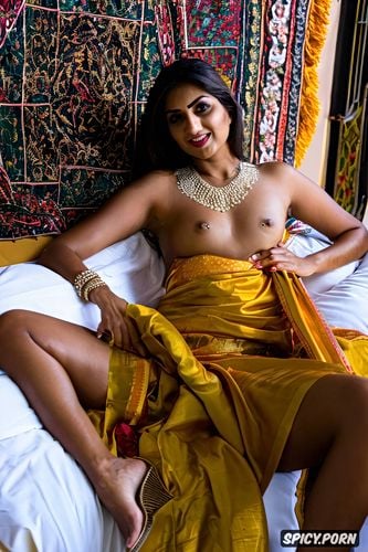 in a submissive role, fully naked, a typical young petite gujarati villager newlywed bride introduces her virgin pussy on her honeymoon