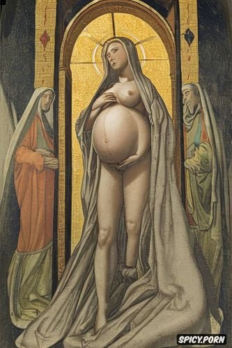 pregnant, halo, spreading legs shows pussy, virgin mary nude