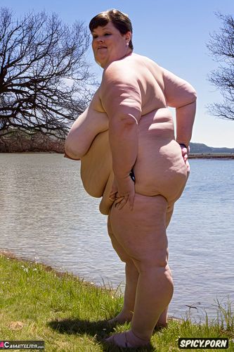 an old fat woman naked with obese ssbbw belly, side view, wearing white see through long briefs