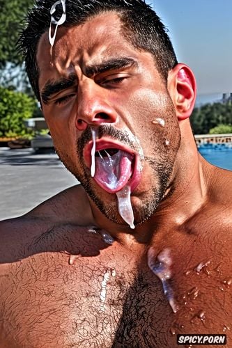wide shot, lactating, drooling, grool, mexican latino man young male muscle chubby hot gay guy full oiled naked sweat body ahegao