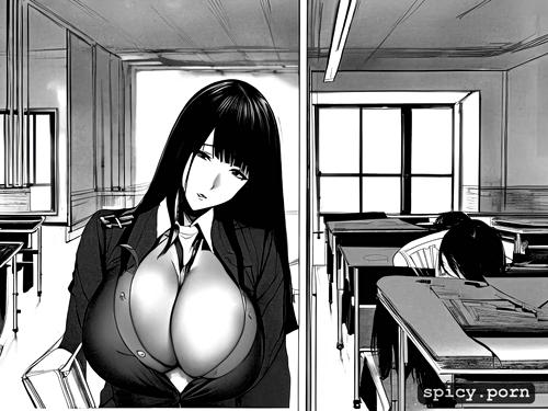 asian woman, uniform, classroom, 25years old, full shot, precise lineart