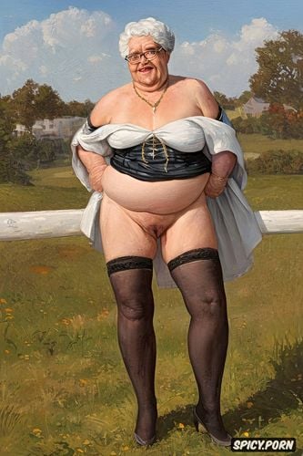 fat granny, the fat grandmother has nude pussy under her skirt shows open realistyc labia upskirt very old