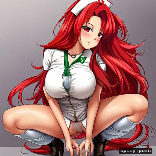 stunning face, red hair, legs spread wide, hourglass figure body