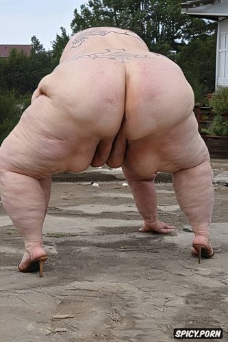 giant round ass, front view, ass disproportionate to body, plump