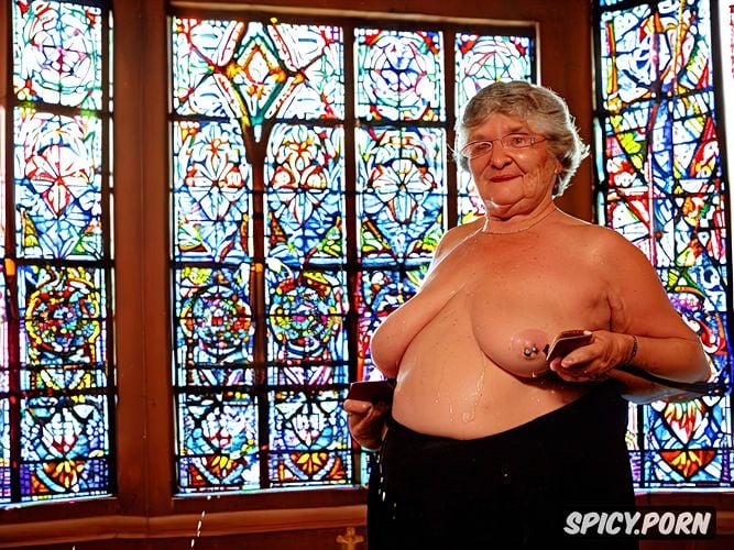 very old, old granny, cathedral, old, fat, very at hanging belly