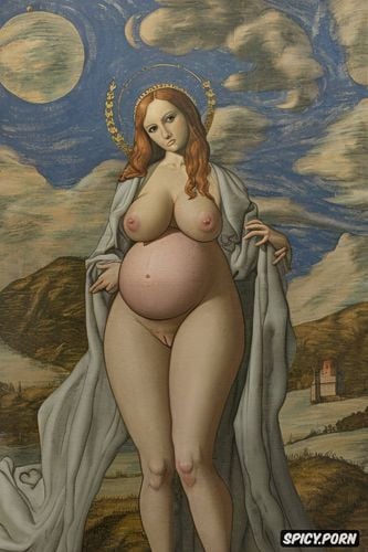 wide open, virgin mary nude in a stable, robe, classic, pregnant