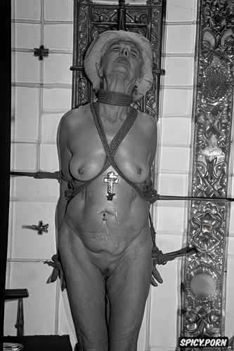 granny, restrained, gray pussy, bound to cross, nun, nude, spread legs