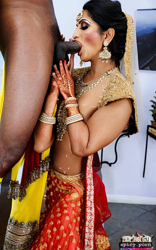 the two standing beautiful indian bride in public takes a huge black dick in the mouth and giving blowjob to the bride get covered by cum all over his bridal dress the bride realistic photo and real human